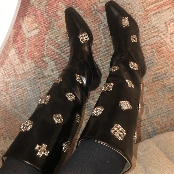 Black leather embellished knee high boots - Picture 4 of 4